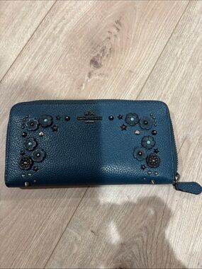 Coach Teal Floral Stud Zip-Around Wallet